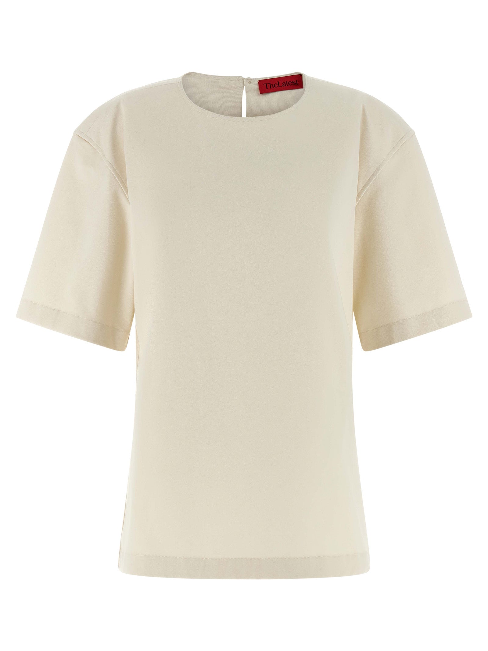 T-Shirt by THELATEST for women in stretch cotton white showcases a fashionable silhouette, elegantly detailed with a fashionable and for a sophisticated, high-fashion look.