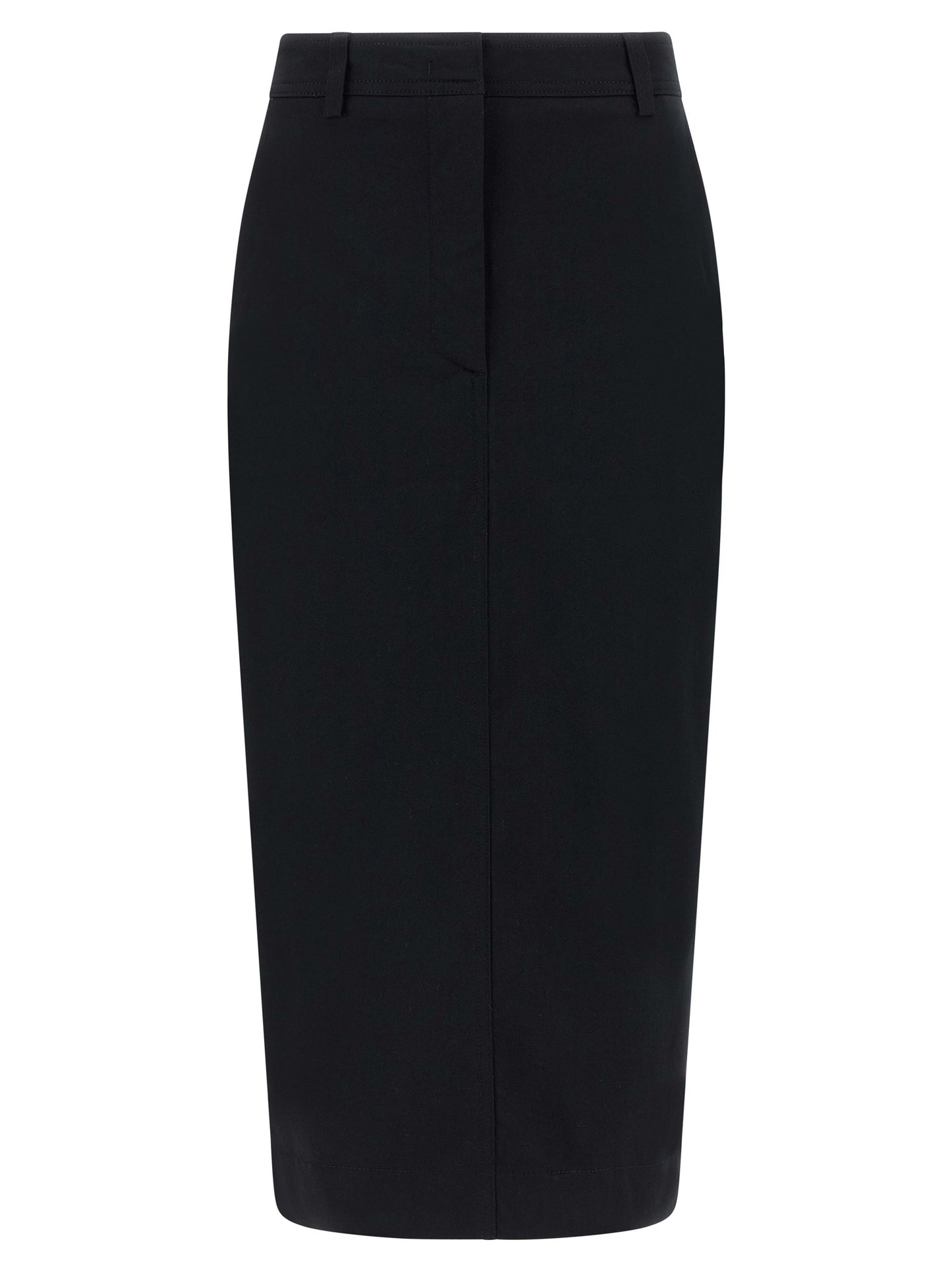 Skirt by THELATEST for women in stretch cotton black features a contoured silhouette from the Women's Sheath Stretch Cotton Skirt collection, characterized by its contoured midi for a contoured finish.