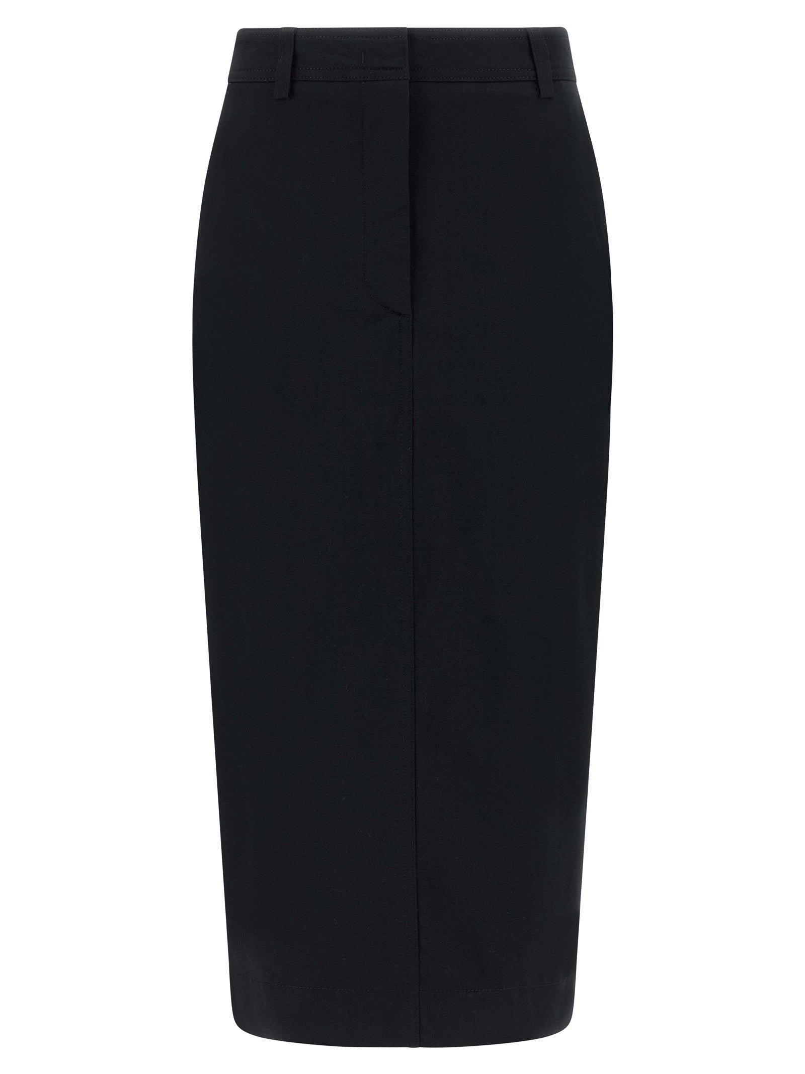 Skirt by THELATEST for women in stretch cotton black features a contoured silhouette from the Women's Sheath Stretch Cotton Skirt collection, characterized by its contoured midi for a contoured finish.