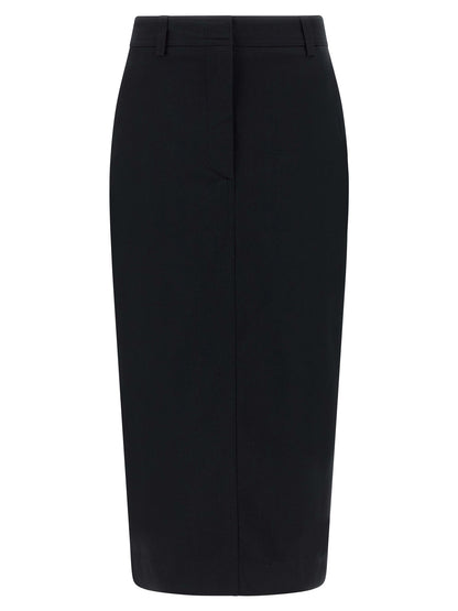 Skirt by THELATEST for women in stretch cotton black features a contoured silhouette from the Women's Sheath Stretch Cotton Skirt collection, characterized by its contoured midi for a contoured finish.