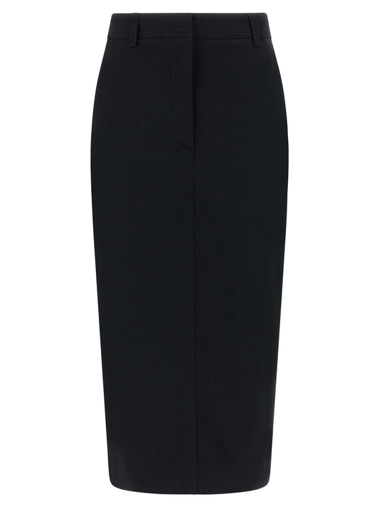 Skirt by THELATEST for women in stretch cotton black features a contoured silhouette from the Women's Sheath Stretch Cotton Skirt collection, characterized by its contoured midi for a contoured finish.