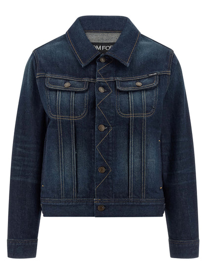 Trucker Jacket by Tom Ford for women in suede leather polyurethane & denim cotton blue & signature features an on trend silhouette, showcasing refined pockets and a sophisticated shirt-collar neckline for a truly on trend finish.