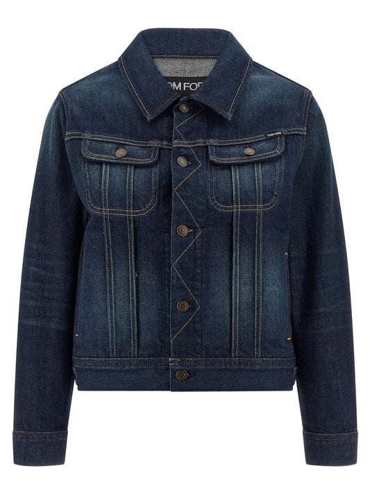 Trucker Jacket by Tom Ford for women in suede leather polyurethane & denim cotton blue & signature features an on trend silhouette, showcasing refined pockets and a sophisticated shirt-collar neckline for a truly on trend finish.