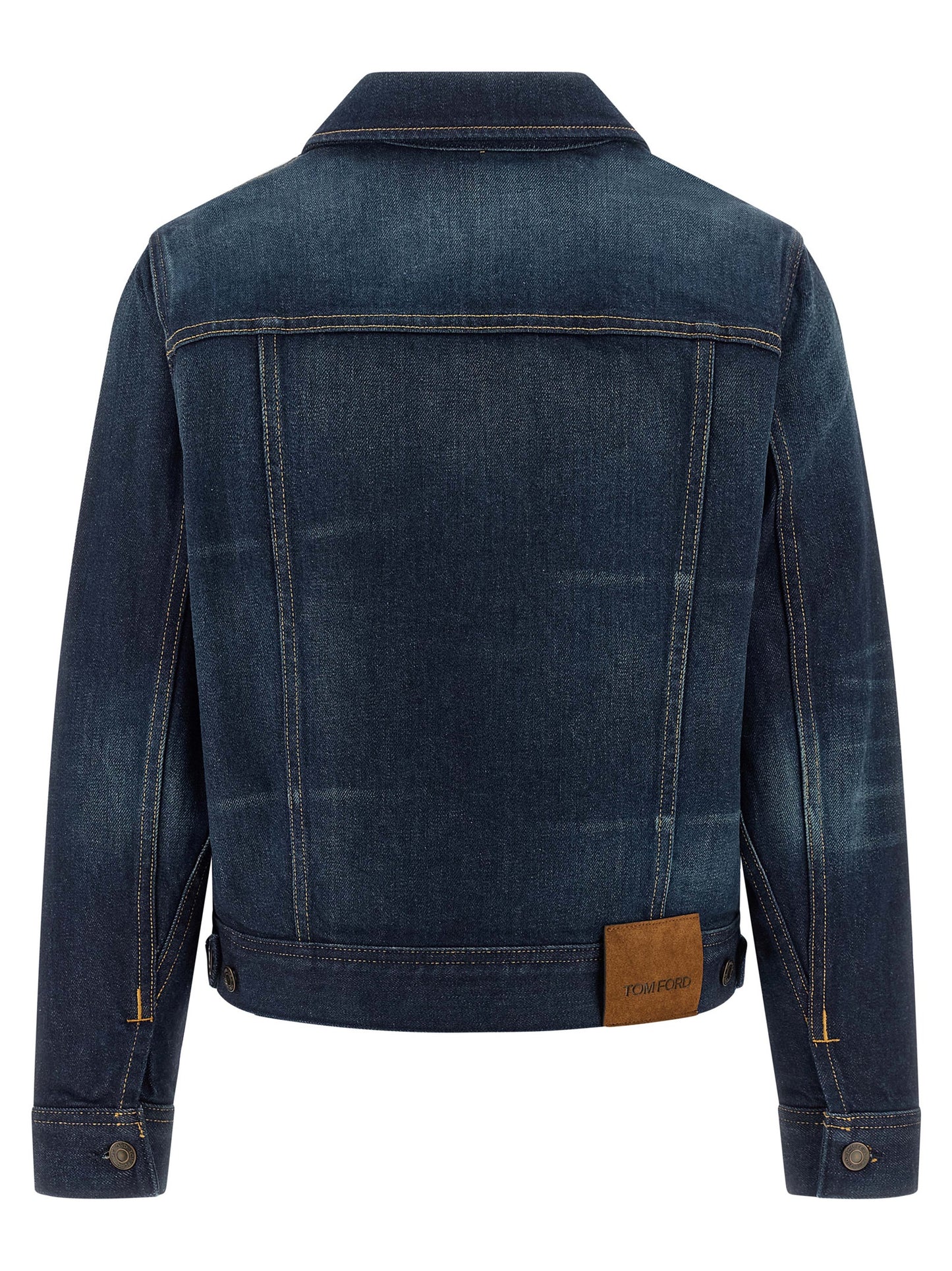 Trucker Jacket by Tom Ford for women in suede leather polyurethane & denim cotton blue & signature showcases a bohemian silhouette, artfully detailed with a bohemian shirt-collar neckline and signature pockets for a truly bohemian finish.