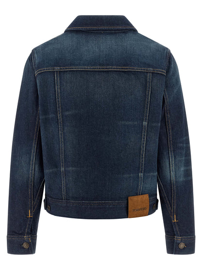 Trucker Jacket by Tom Ford for women in suede leather polyurethane & denim cotton blue & signature showcases a bohemian silhouette, artfully detailed with a bohemian shirt-collar neckline and signature pockets for a truly bohemian finish.