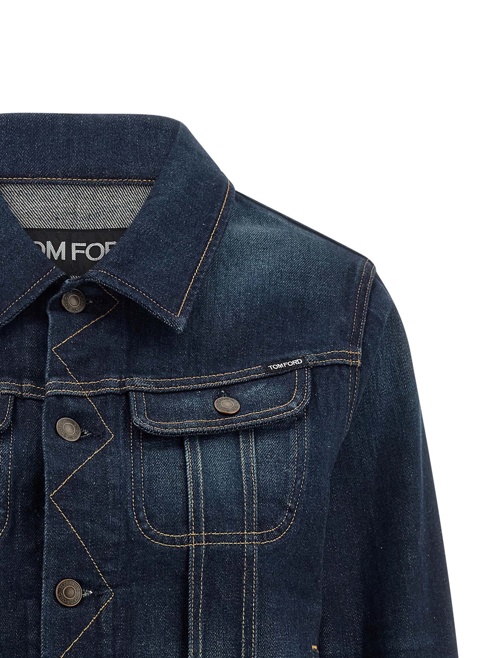 Trucker Jacket by Tom Ford for women in suede leather polyurethane & denim cotton blue & signature presents a effortlessly chic silhouette, showcasing a sophisticated shirt-collar neckline and premium pockets for a truly effortlessly chic finish.