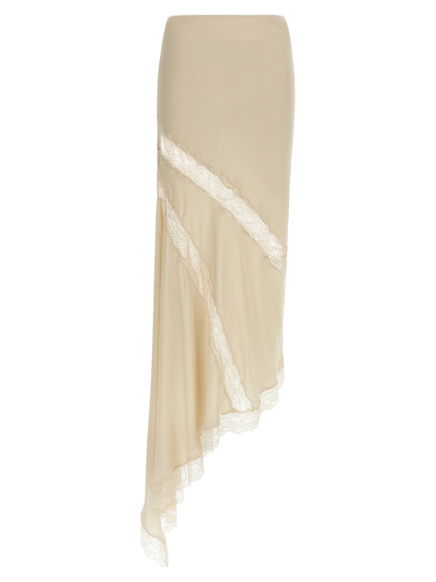 Skirt by The Andamane for women in satin viscose beige showcases a dramatic silhouette, artfully capturing the essence of the Women's Asymmetrical Satin Viscose Mini Skirt in a dramatic mini cut for a refined look.