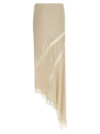 Skirt by The Andamane for women in satin viscose beige features an relaxed-yet-refined silhouette that elegantly showcases the Women's Asymmetrical Satin Viscose Mini Skirt design and sophisticated mini.