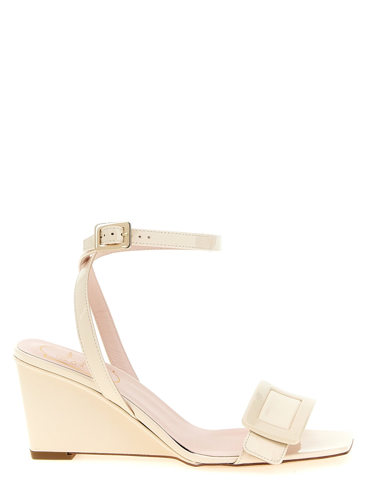 Wedge Ankle Strap Sandals by Roger Vivier for women in patent calfskin leather white & signature features an architectural design from the Belle Vivier Women's Patent Calfskin Leather Wedge Ankle Strap Sandals collection, defined by a architectural wedge and square toe style for a architectural finish.