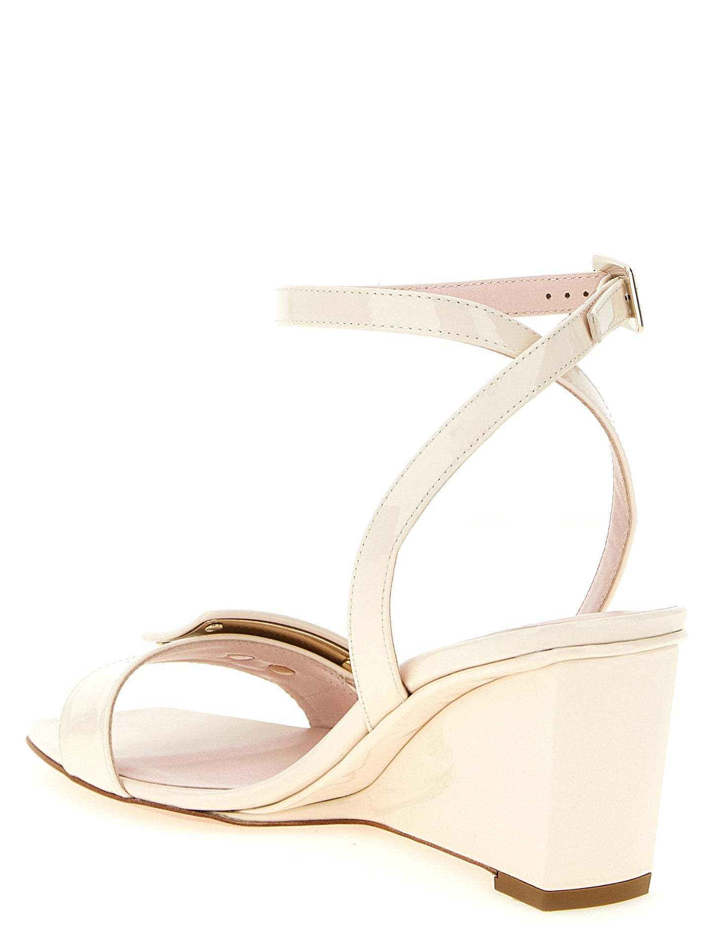 Wedge Ankle Strap Sandals by Roger Vivier for women in patent calfskin leather white & signature features an exquisite silhouette, showcasing the exquisite Belle Vivier Women's Patent Calfskin Leather Wedge Ankle Strap Sandals with a wedge and square toe style.