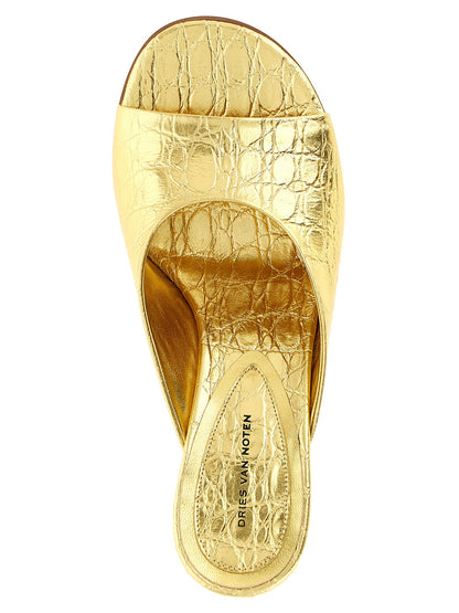 Dries Van Noten Women's Bos Taurus Embossed Calfskin Leather Wedge Mules Sandals - Gold