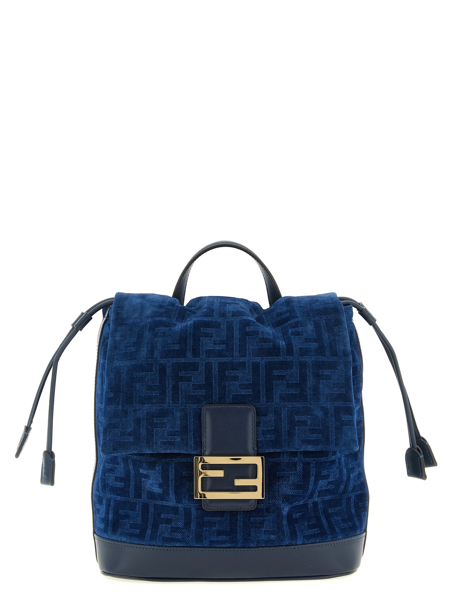 Fendi Calf Leather & Cotton Drawstring Flap Backpack - Blue