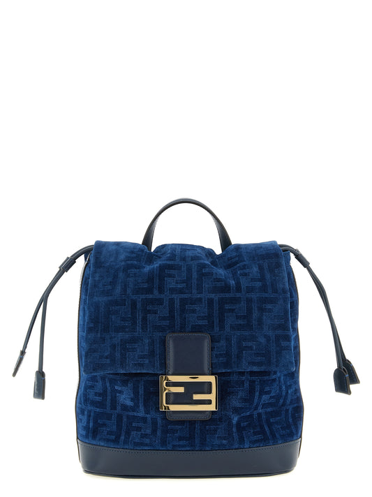 Fendi Calf Leather & Cotton Drawstring Flap Backpack - Blue