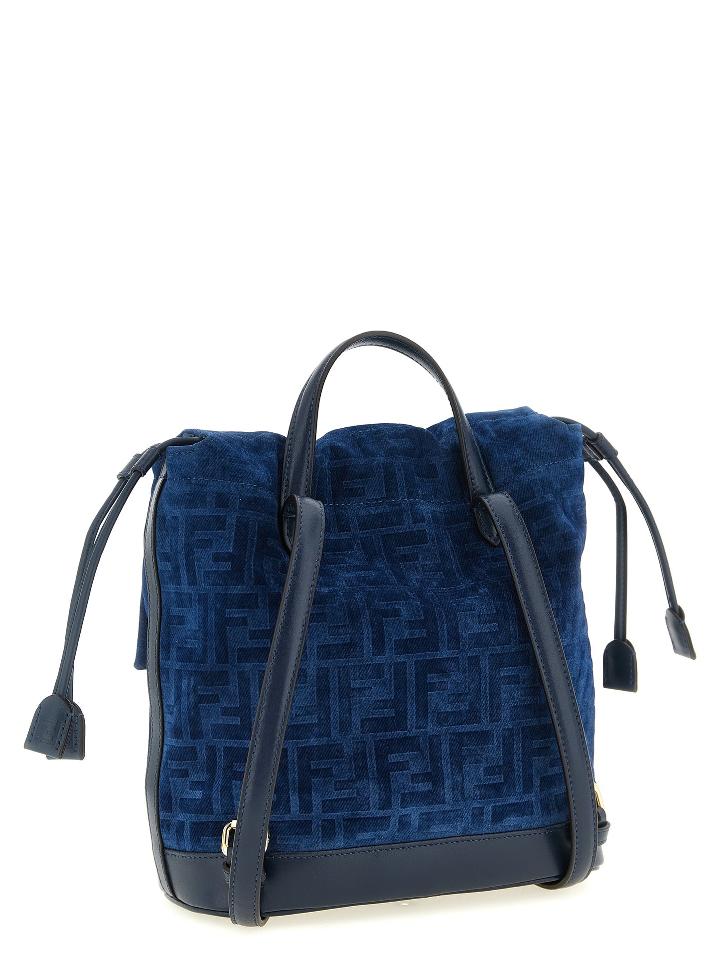 Fendi Calf Leather & Cotton Drawstring Flap Backpack - Blue