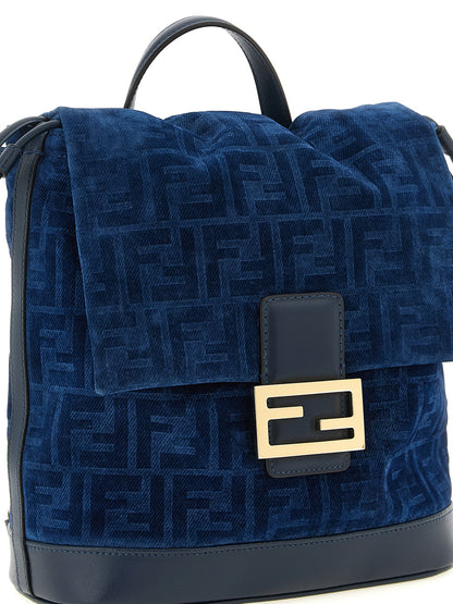 Fendi Calf Leather & Cotton Drawstring Flap Backpack - Blue
