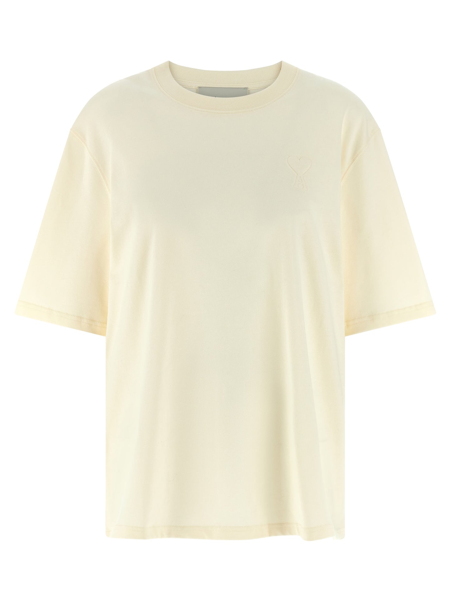 T-Shirt by Ami Paris for women in cotton beige showcases a chic silhouette, artfully detailed with a chic crew neckline and short-sleeve for a chic finish.