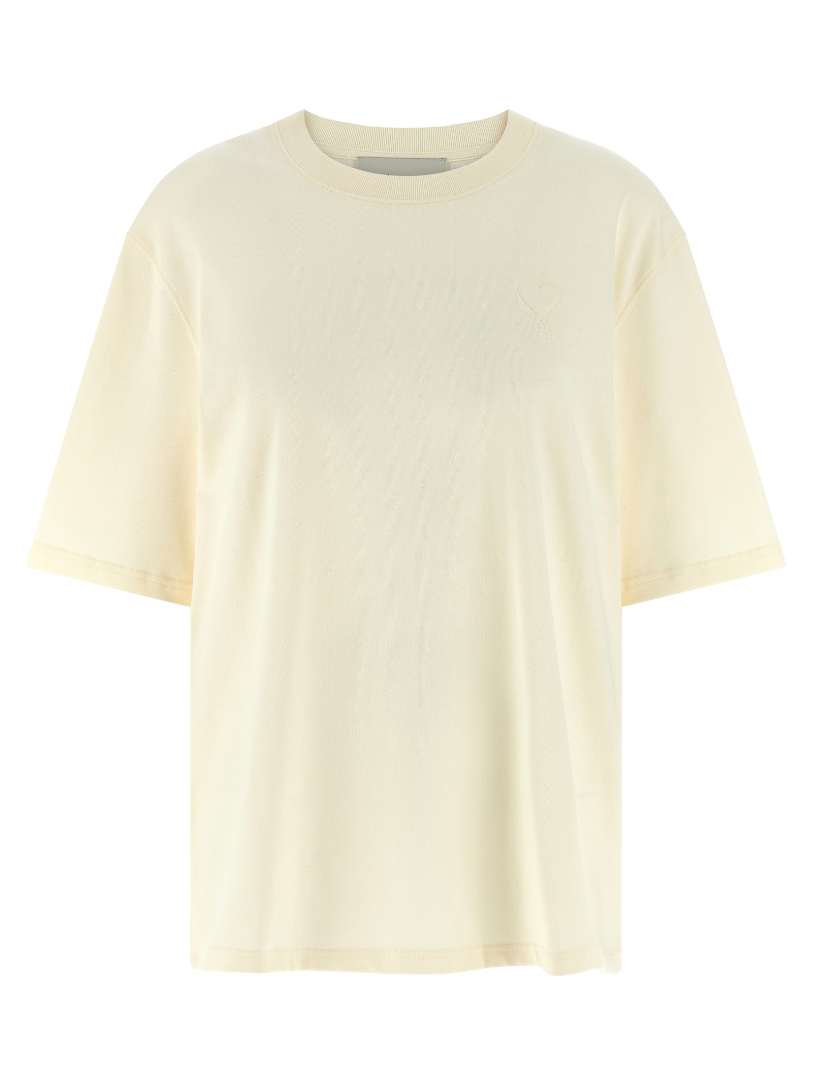 T-Shirt by Ami Paris for women in cotton beige showcases a chic silhouette, artfully detailed with a chic crew neckline and short-sleeve for a chic finish.