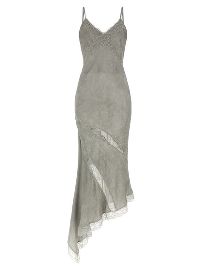 Dress by The Andamane for women in satin viscose gray features an cute silhouette, detailed with a and wide-neck neckline that elegantly flows into a cute long.