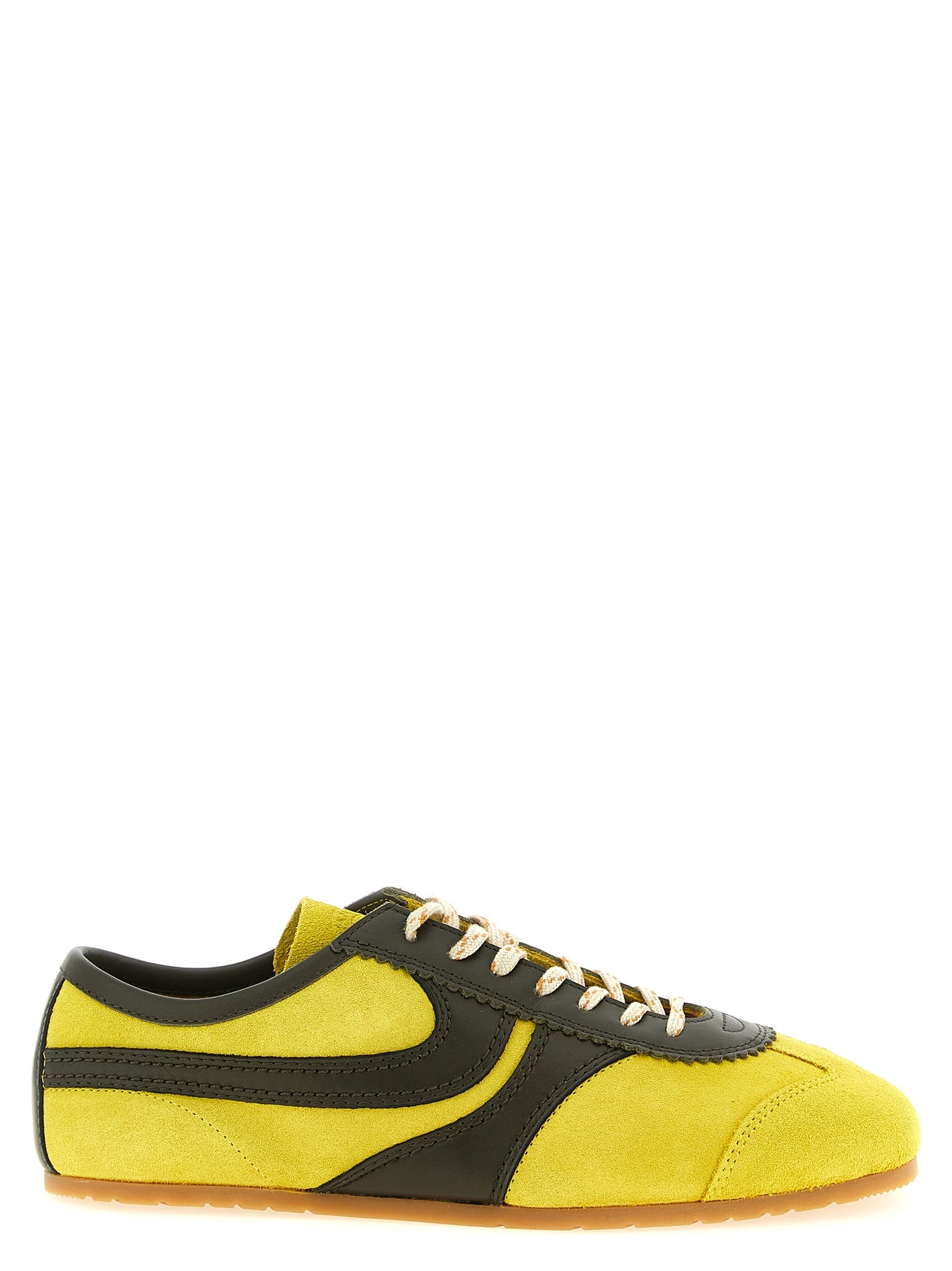 Sneakers by Dries Van Noten for women in suede calfskin leather bicolour & yellow presents a sumptuous silhouette, artfully capturing the essence of the Women's Fashion Suede Calfskin Leather Sneakers with its sumptuous fashion style design.