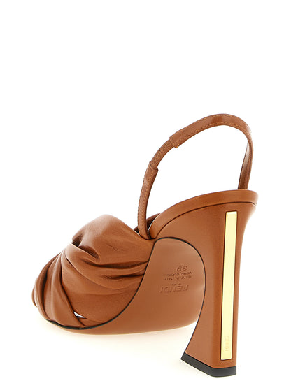 Stiletto Slingback Sandals by Fendi for women in nappa lamb leather brown & gold features an statuesque Women's Nappa Lamb Leather Stiletto Slingback Sandals silhouette with a refined stiletto and elegant almond toe style.