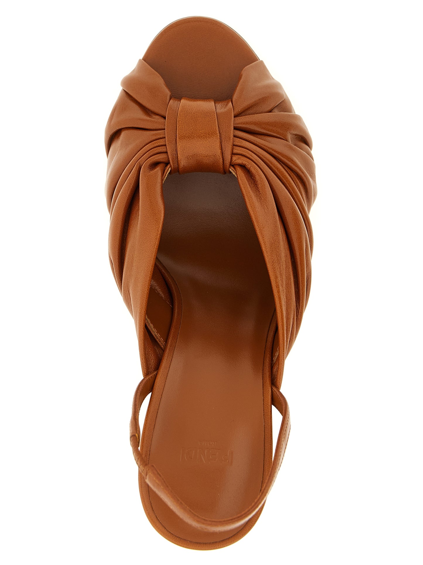 Stiletto Slingback Sandals by Fendi for women in nappa lamb leather brown & gold features an effortlessly chic silhouette from the Women's Nappa Lamb Leather Stiletto Slingback Sandals collection, showcasing a effortlessly chic stiletto and elegant almond toe style.