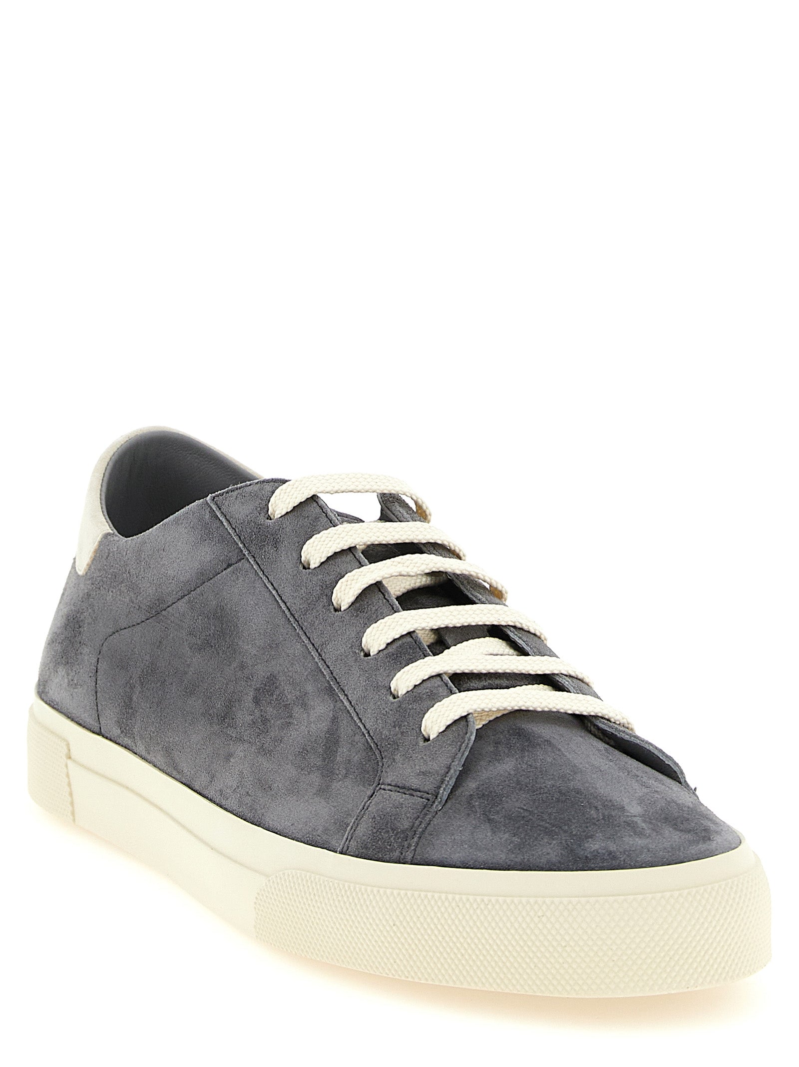 Sneakers by Brunello Cucinelli for men in suede calfskin leather gray presents a sumptuous silhouette, artfully capturing the essence of the Men's Casual Suede Calfskin Leather Sneakers with its sumptuous casual style design.