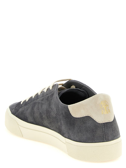 Sneakers by Brunello Cucinelli for men in suede calfskin leather gray features a chic design, perfectly showcasing the chic casual style of this Men's Casual Suede Calfskin Leather Sneakers.