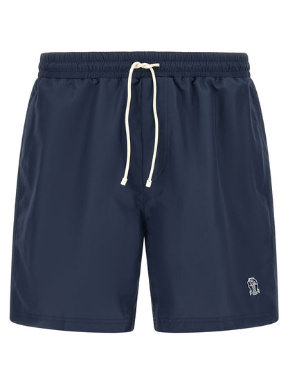 Swim Shorts by Brunello Cucinelli for men in nylon polyester & mesh blue features a beach chic silhouette, showcasing the signature style of the Men's Nylon Polyester & Mesh Swim Shorts.