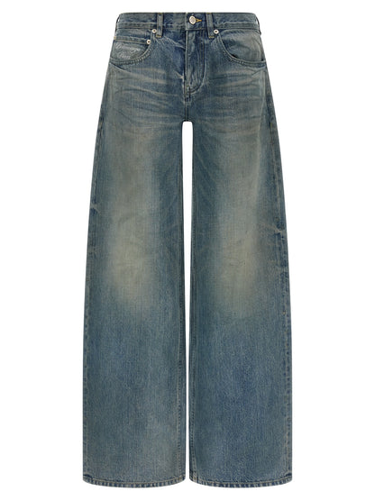 Jeans by Balenciaga for women in organic cotton denim blue & patterned features a polished silhouette with a polished relaxed-fit & wide, reaching a polished long and finished with a polished low rise.