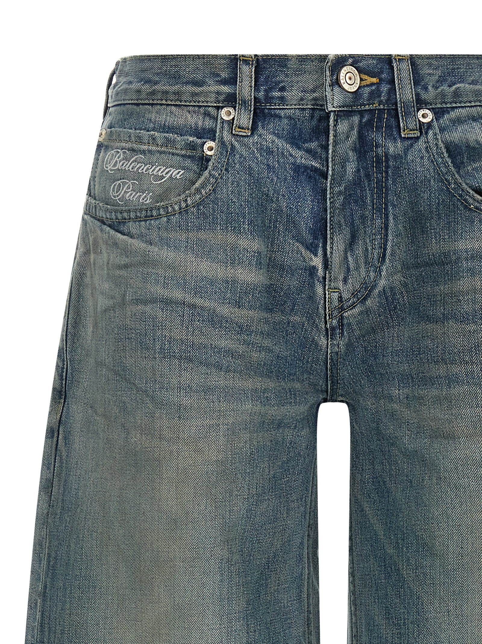 Jeans by Balenciaga for women in organic cotton denim blue & patterned presents a refined pantology silhouette, artfully defined by a refined pantology relaxed-fit & wide, long, and a sophisticated low rise.