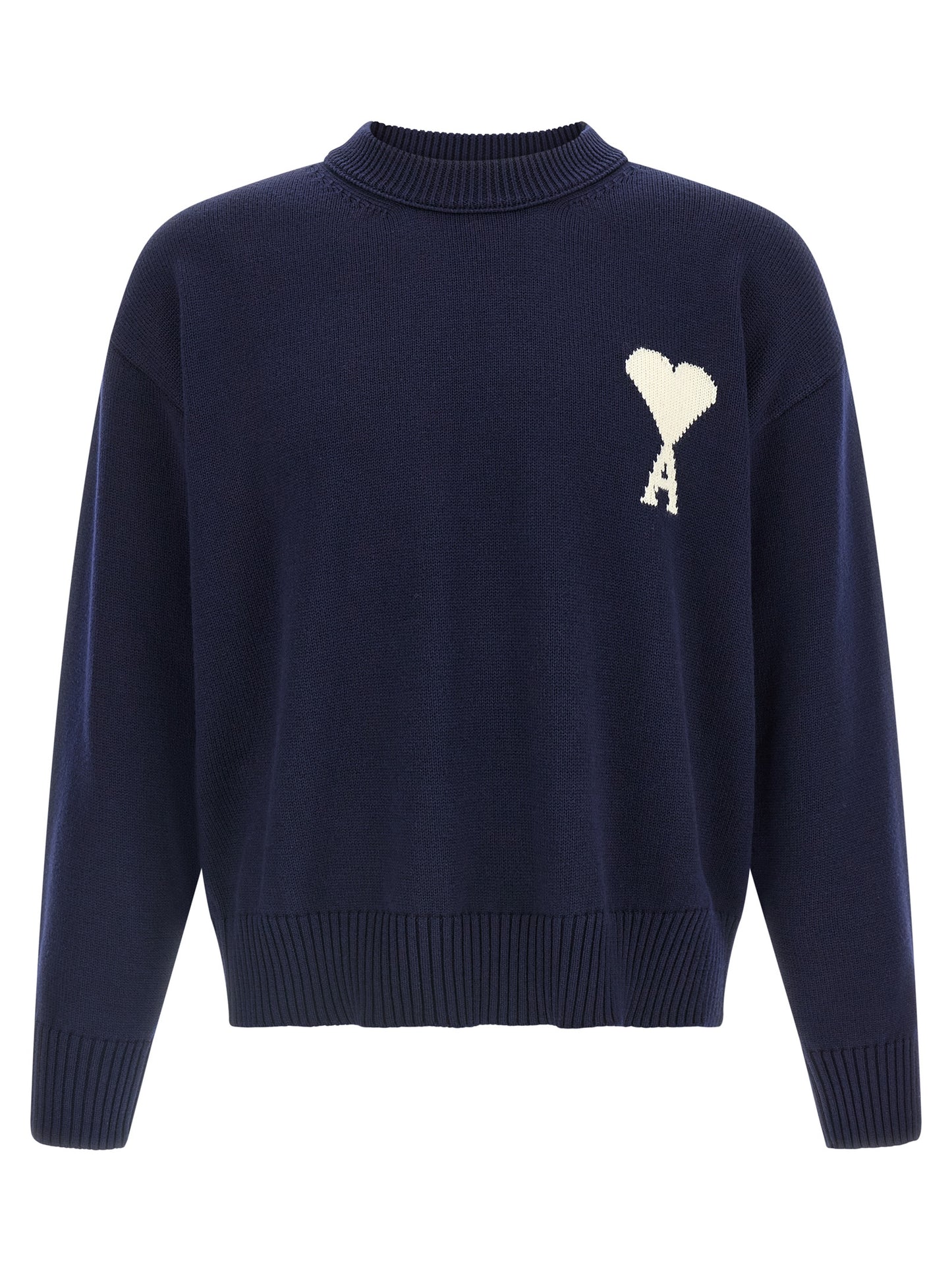 Ami Paris Men's Relaxed Fit Crew Neck Wool Cotton Cardigan - Blue