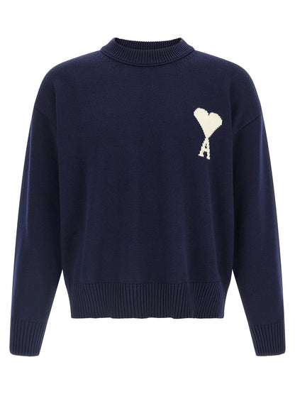 Ami Paris Men's Relaxed Fit Crew Neck Wool Cotton Cardigan - Blue