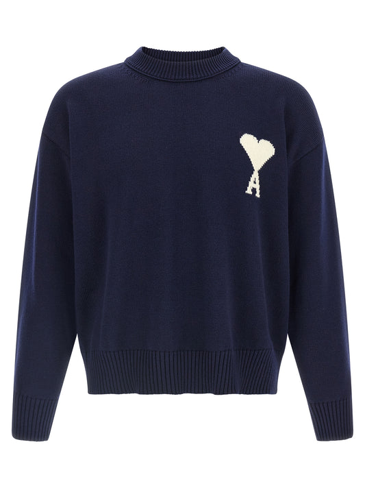 Ami Paris Men's Relaxed Fit Crew Neck Wool Cotton Cardigan - Blue