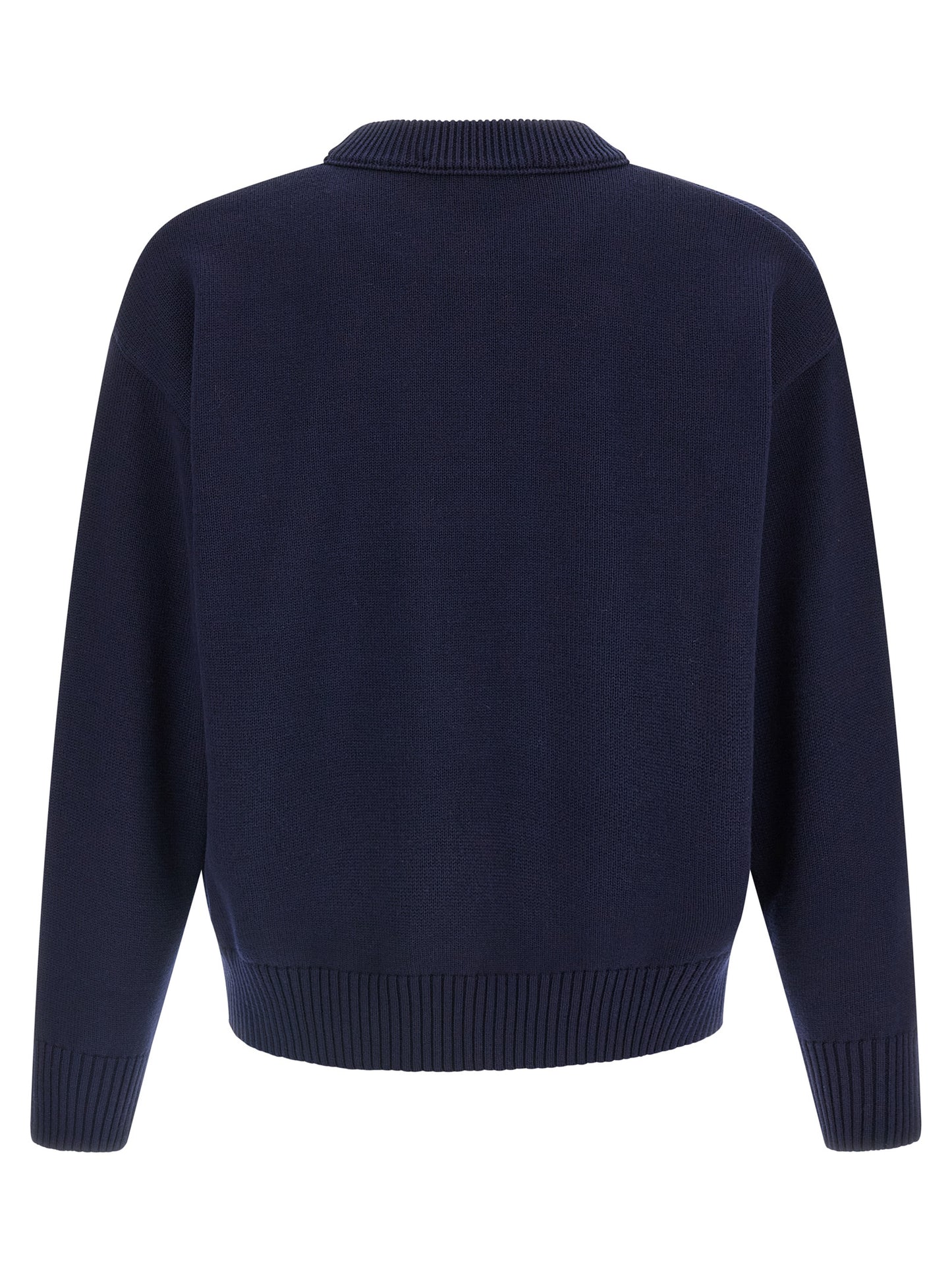 Ami Paris Men's Relaxed Fit Crew Neck Wool Cotton Cardigan - Blue