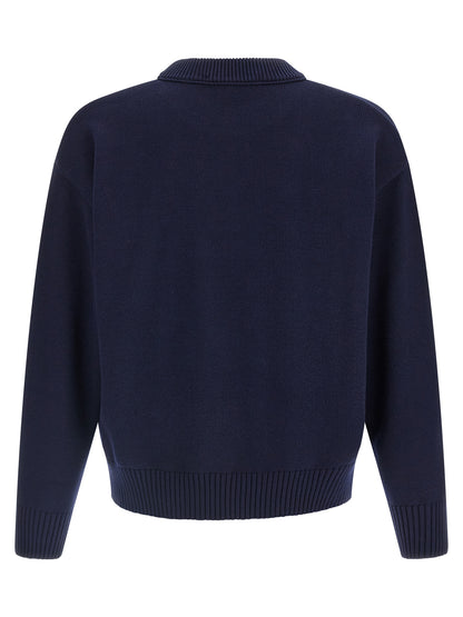 Ami Paris Men's Relaxed Fit Crew Neck Wool Cotton Cardigan - Blue