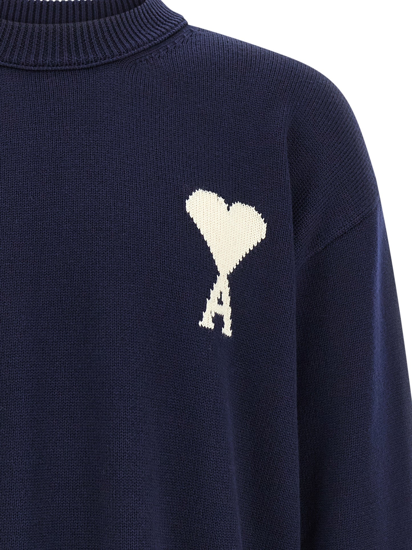 Ami Paris Men's Relaxed Fit Crew Neck Wool Cotton Cardigan - Blue