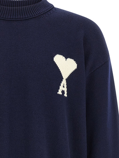 Ami Paris Men's Relaxed Fit Crew Neck Wool Cotton Cardigan - Blue