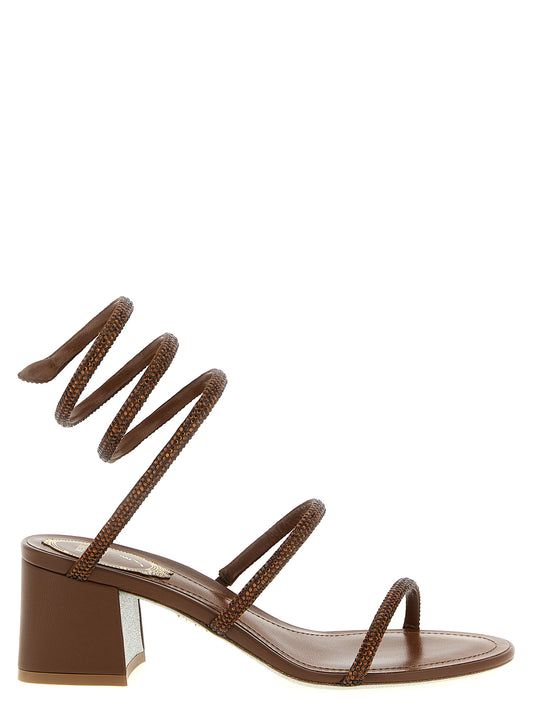 Sandals by RENE CAOVILLA for women in viscose silk & leather brown & signature features an effortlessly chic silhouette from the Grace Women's Viscose Silk & Leather Sandals collection, showcasing a effortlessly chic block-heel and elegant .