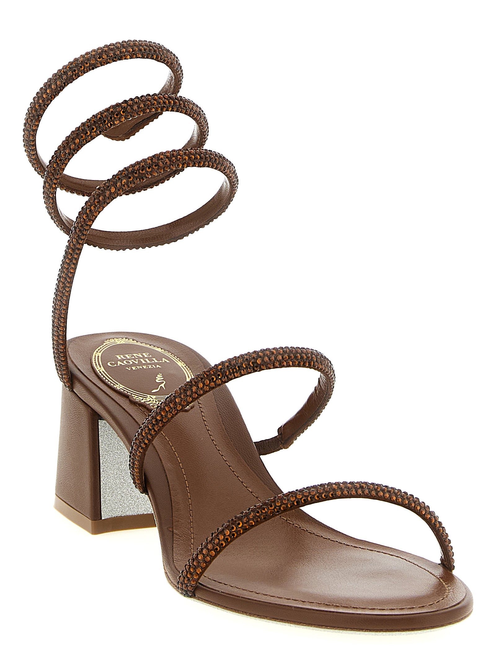 Sandals by RENE CAOVILLA for women in viscose silk & leather brown & signature presents a sculptural silhouette, showcasing the Grace Women's Viscose Silk & Leather Sandals design with a sculptural block-heel and for a premium look.