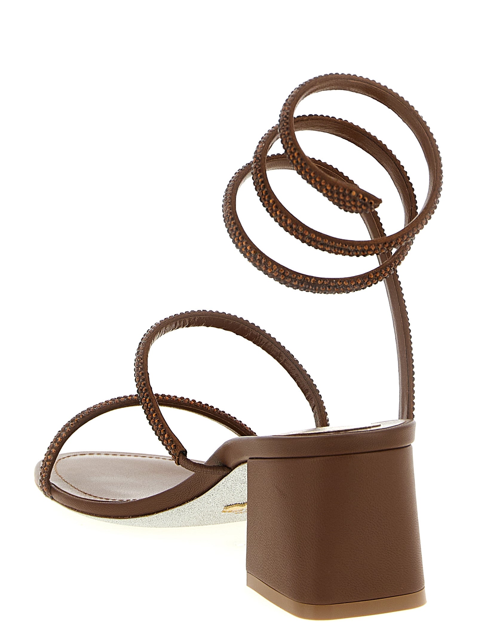 Sandals by RENE CAOVILLA for women in viscose silk & leather brown & signature presents a sculptural silhouette, showcasing the Grace Women's Viscose Silk & Leather Sandals design with a sculptural block-heel and for a premium look.