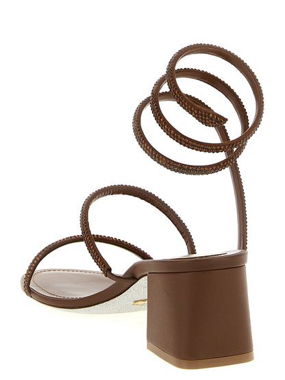 Sandals by RENE CAOVILLA for women in viscose silk & leather brown & signature presents a sculptural silhouette, showcasing the Grace Women's Viscose Silk & Leather Sandals design with a sculptural block-heel and for a premium look.