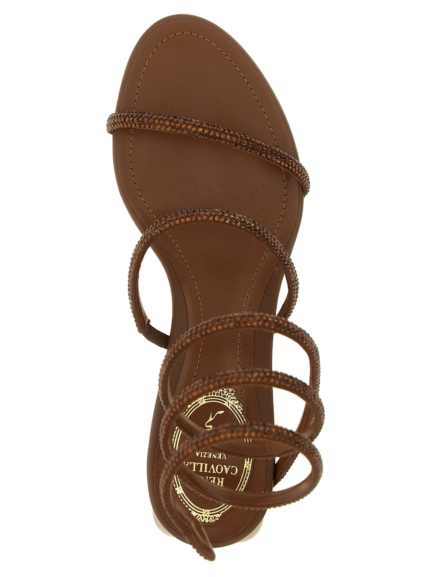 Sandals by RENE CAOVILLA for women in viscose silk & leather brown & signature features an architectural design from the Grace Women's Viscose Silk & Leather Sandals collection, defined by a architectural block-heel and for a architectural finish.