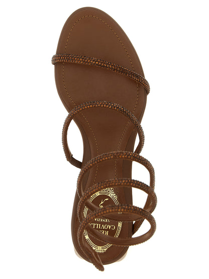 Sandals by RENE CAOVILLA for women in viscose silk & leather brown & signature features an architectural design from the Grace Women's Viscose Silk & Leather Sandals collection, defined by a architectural block-heel and for a architectural finish.