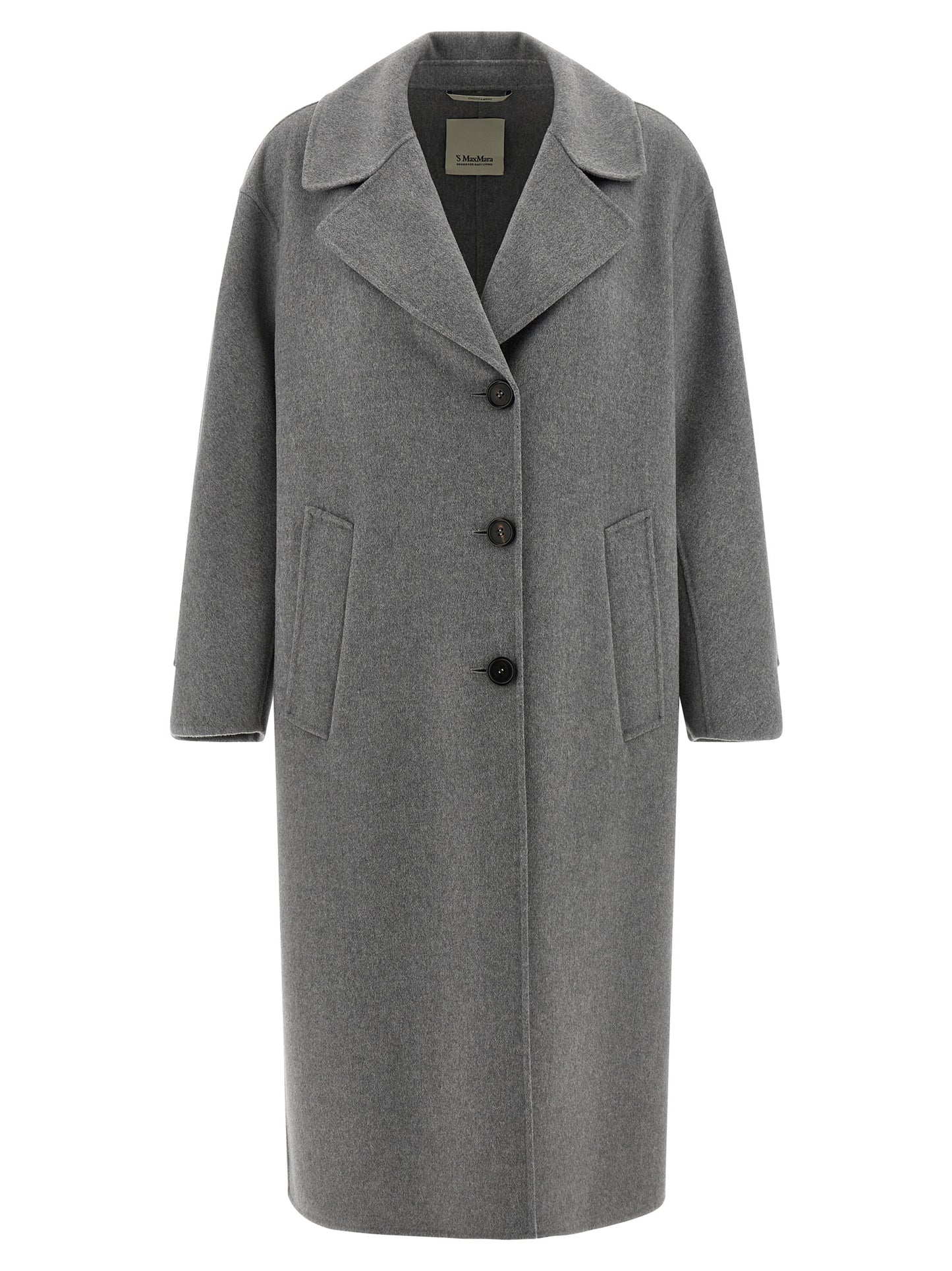 Overcoat by S Max Mara for women in virgin wool gray features an voluminous silhouette, showcasing distinct lightweight and a voluminous split lapel neckline for a truly voluminous aesthetic.