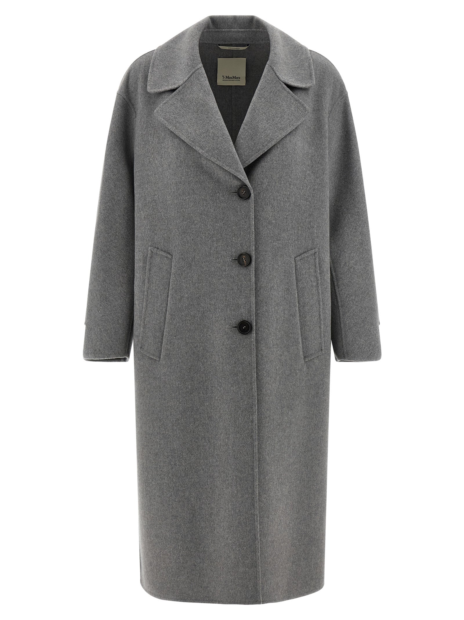 Overcoat by S Max Mara for women in virgin wool gray features an voluminous silhouette, showcasing distinct lightweight and a voluminous split lapel neckline for a truly voluminous aesthetic.