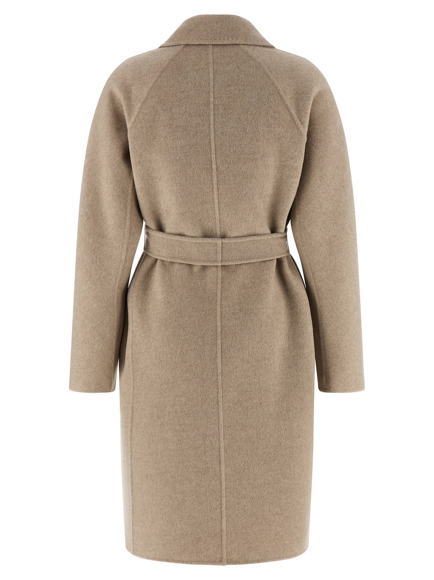 Trench Coat by Max Mara for women in cashmere beige presents a distinguished silhouette, artfully detailed with pockets and a distinguished lapel neckline for a sophisticated, distinguished finish.