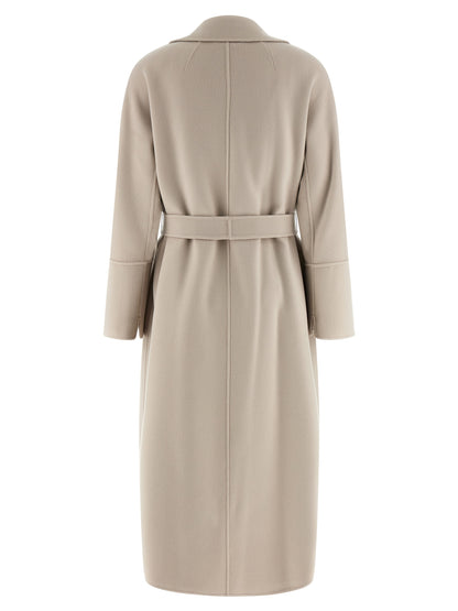 Trench Coat by S Max Mara for women in virgin wool beige features an dramatic silhouette, perfectly showcasing the elegant lapel neckline and sophisticated for a truly dramatic aesthetic.