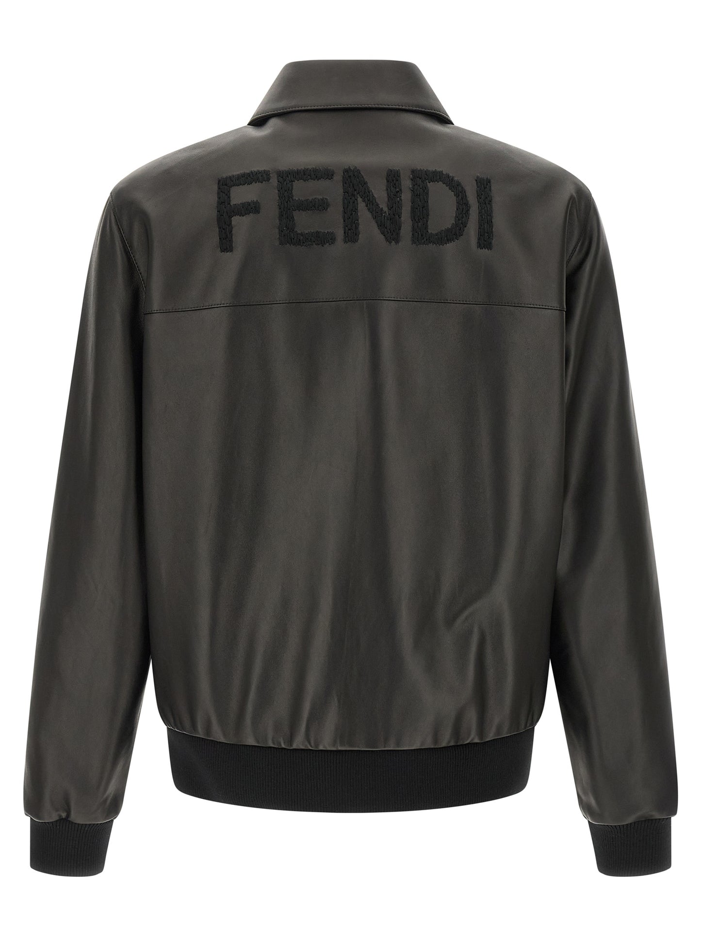 Jacket by Fendi for men in lamb leather black showcases a enveloping silhouette, artfully detailed with a enveloping shirt-collar neckline and premium pockets for a truly enveloping finish.