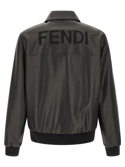 Jacket by Fendi for men in lamb leather black showcases a enveloping silhouette, artfully detailed with a enveloping shirt-collar neckline and premium pockets for a truly enveloping finish.