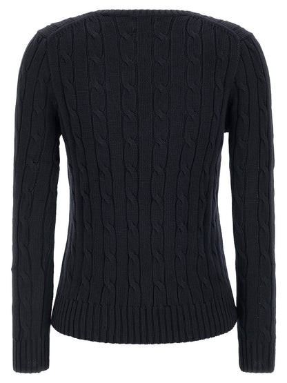Cardigan by Polo Ralph Lauren for women in cotton blue, patterned & signature showcases a luxurious silhouette, meticulously detailed with a sophisticated v-neck neckline and for a refined finish.